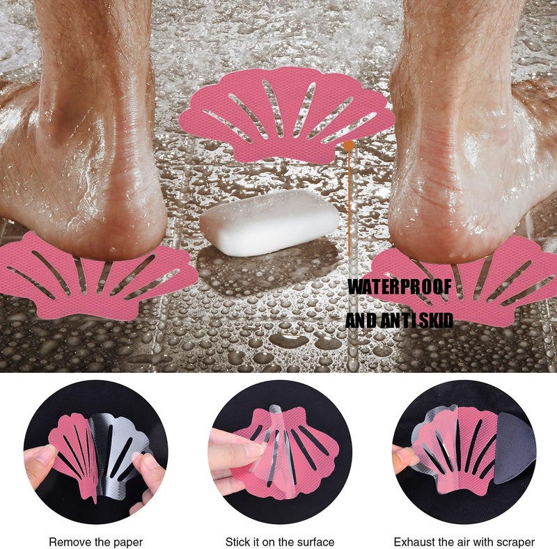 Secopad Non-Slip Bathtub Stickers, 24 PCS Shell Safety Bathroom Tubs Showers Treads Adhesive Decals Scraper (Pink) - Image 5